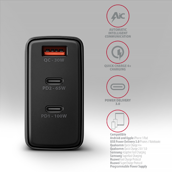 AXAGON ACU-DPQ100, sieťová nabíjačka GaN 100 W, 3x port (USB-A + dvojitý USB-C), PD3.0/PPS/QC4+/Apple