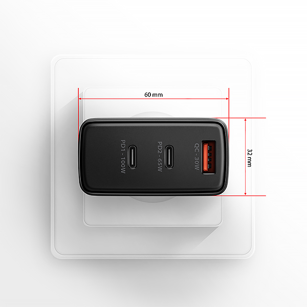 AXAGON ACU-DPQ100, sieťová nabíjačka GaN 100 W, 3x port (USB-A + dvojitý USB-C), PD3.0/PPS/QC4+/Apple