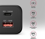 AXAGON ACU-PQ100, GaN nabíječka do sítě 100W, USB-A + USB-C, černá