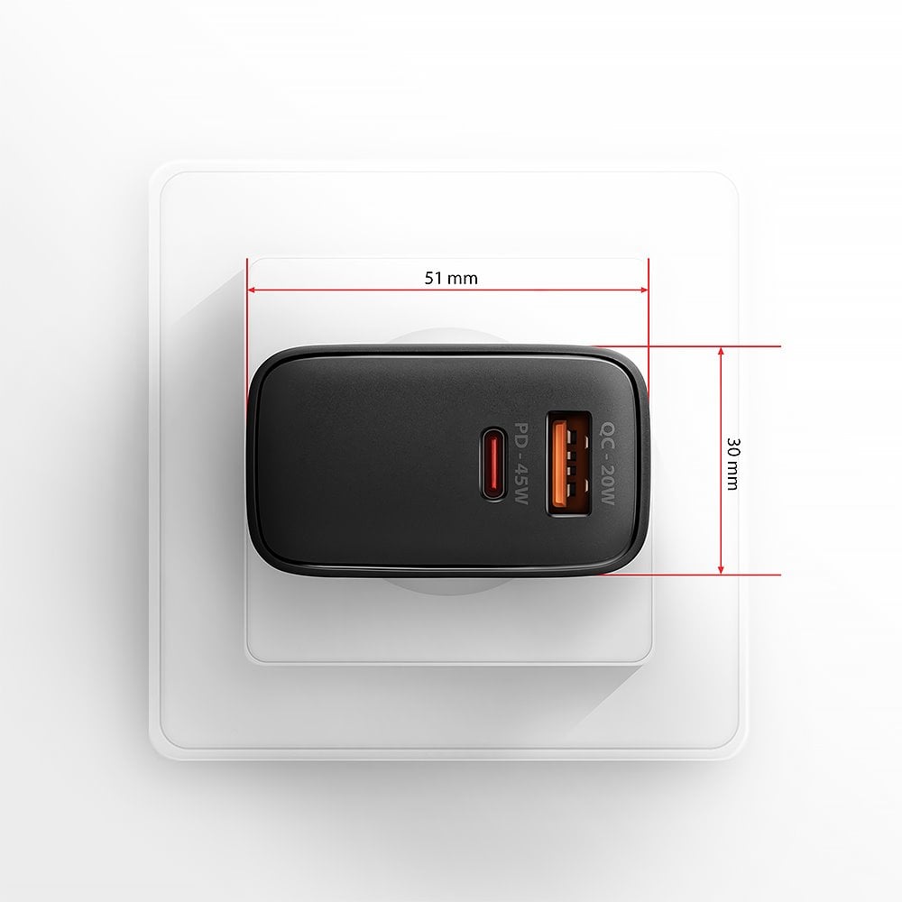 AXAGON ACU-PQ45 GaN sieťová nabíjačka 45 W, 2x port (USB-A + USB-C), PD3.0/PPS/QC4+/SFC 2.0/AFC/Apple