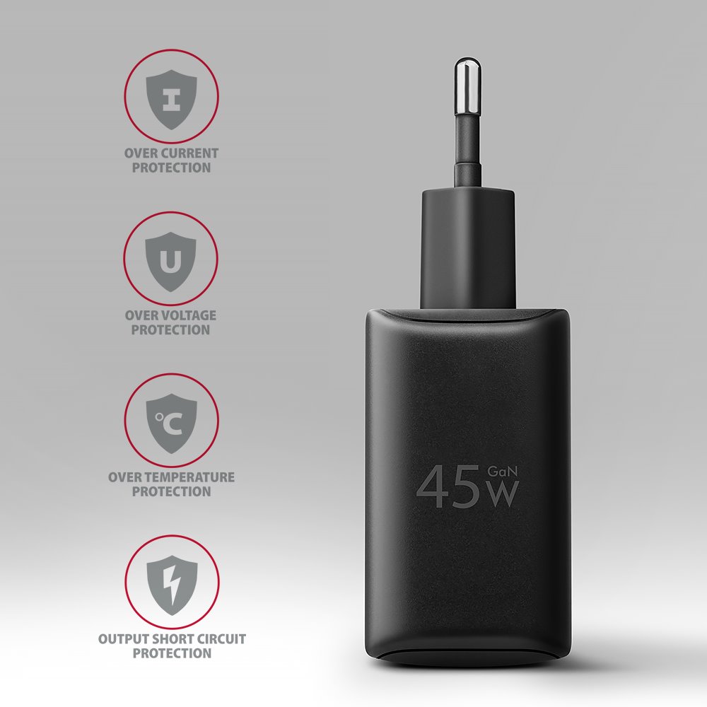 AXAGON ACU-PQ45 GaN sieťová nabíjačka 45 W, 2x port (USB-A + USB-C), PD3.0/PPS/QC4+/SFC 2.0/AFC/Apple