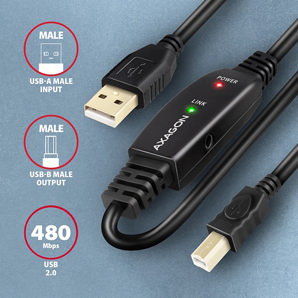 AXAGON ADR-210B, USB 2.0 A-M -> B-M aktivní propojovací / repeater kabel, 10m