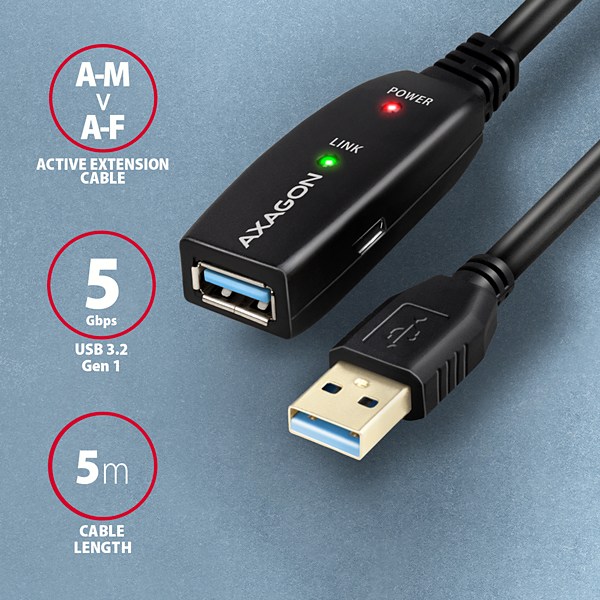 AXAGON ADR-305, USB 3.2 Gen 1 A-M -> A-F aktívny predlžovací / opakovací kábel, 5 m