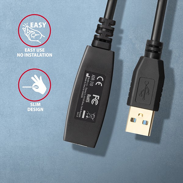 AXAGON ADR-310, aktívny predlžovací/opakovací kábel USB 3.2 Gen 1 A-M -> A-F, 10 m
