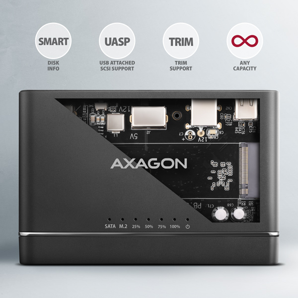 AXAGON ADSA-CC USB-C 10Gbps - NVMe M.2 SSD & SATA 2.5"/3.5" SSD/HDD CLONE MASTER 2 adaptér