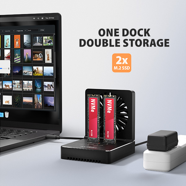 AXAGON ADSA-M2C22, dokovacia stanica USB-C s rýchlosťou 20 Gbps pre 2× SSD M.2 NVMe/SATA s funkciou klonovania