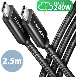 AXAGON BUCM2-CM25AB, CHARGE kábel USB-C <-> USB-C, 2,5 m, Hi-Speed USB, PD 240W 5A, ALU, opletenie, čierny