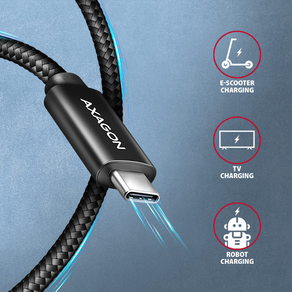 AXAGON BUCM2-CM25AB, CHARGE kabel USB-C <-> USB-C, 2.5m, Hi-Speed USB, PD 240W 5A, ALU, oplet, černý