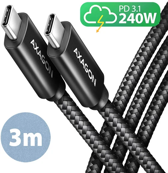 AXAGON BUCM2-CM30AB, CHARGE kabel USB-C <-> USB-C, 3m, Hi-Speed USB, PD 240W 5A, ALU, oplet, černý
