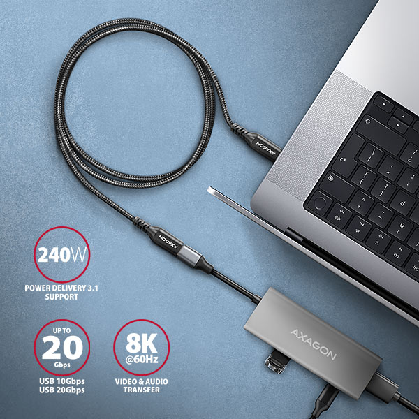 AXAGON BUCM32-CF10AB predlžovací kábel USB-C (M) <-> USB-C (F), 1m, USB 20Gbps, PD 240W, ALU, opletenie