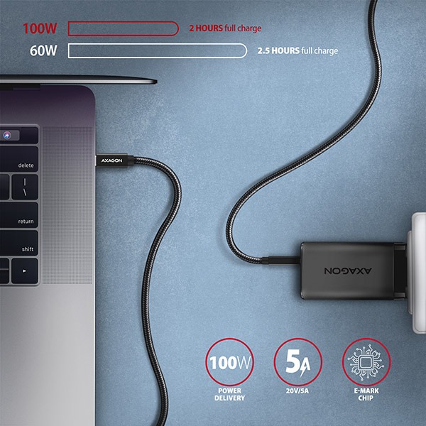 AXAGON BUCM32-CM05AB, SPEED+ kábel USB-C <-> USB-C, 0,5 m, USB 20Gbps, PD 100W 5A, 4K HD, ALU, opletenie