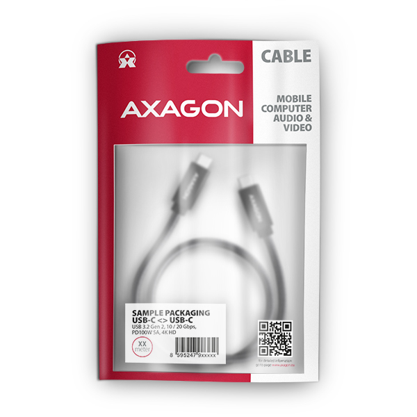 AXAGON BUCM32-CM05AB, SPEED+ kábel USB-C <-> USB-C, 0,5 m, USB 20Gbps, PD 100W 5A, 4K HD, ALU, opletenie