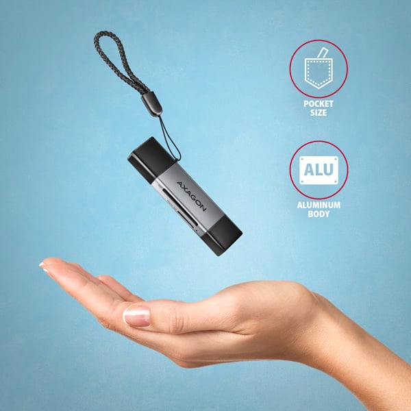 AXAGON CRE-DAC, USB-C + USB-A, 5 Gbps - MINI čtečka karet, 2-slot & lun SD/microSD, podpora UHS-I