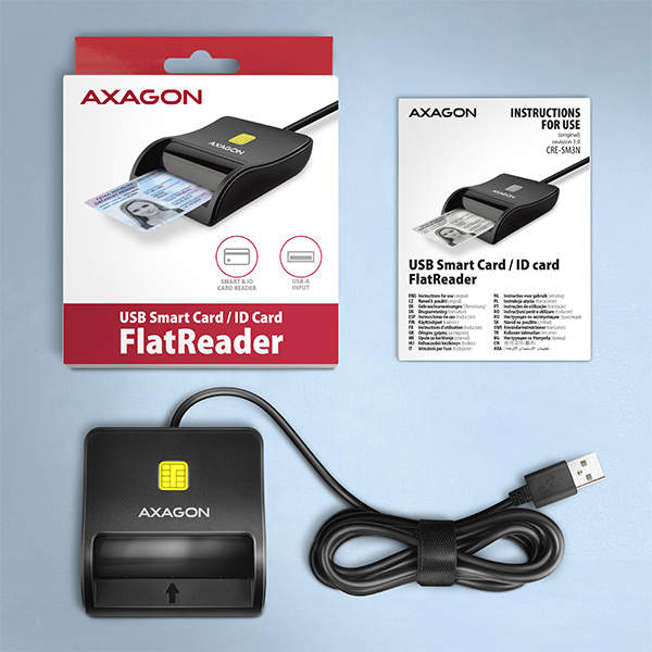 AXAGON CRE-SM3N, USB-A FlatReader kontaktná čítačka kariet Smart card (eObčanka), kábel 1,3 m