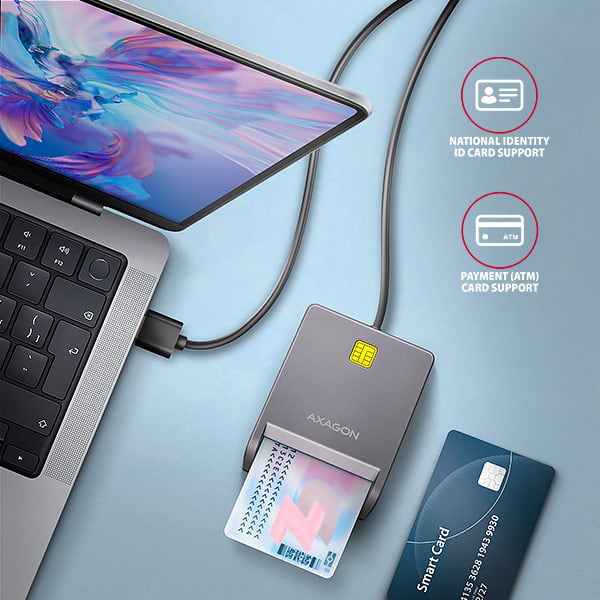 AXAGON CRE-SM3T, USB-A FlatReader kontaktná čítačka kariet Smart card (eObčanka), kábel 1,3 m
