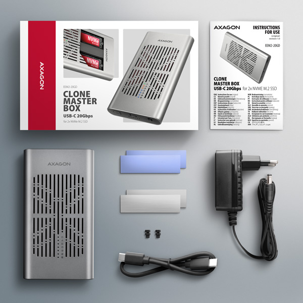 AXAGON EEM2-20GD, externý box USB-C 20 Gb/s pre dva disky M.2 NVMe SSD s funkciou klonovania