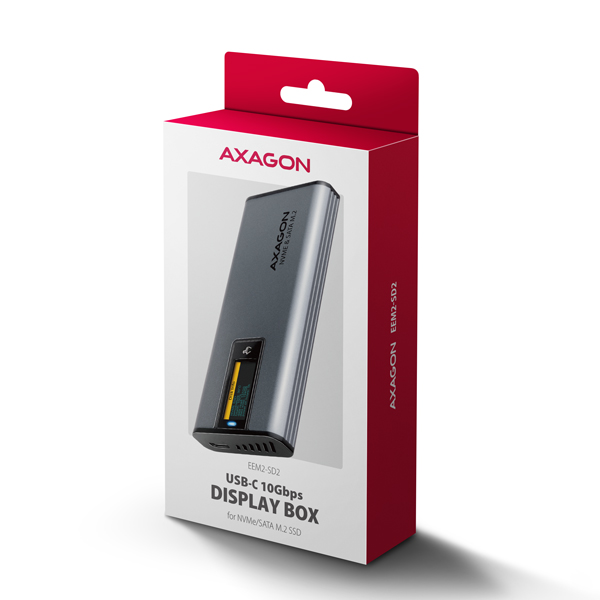 AXAGON EEM2-SD2 USB-C 10Gb/s - M.2 NVMe a SATA SSD kovový box DISPLAY, bez skrutiek
