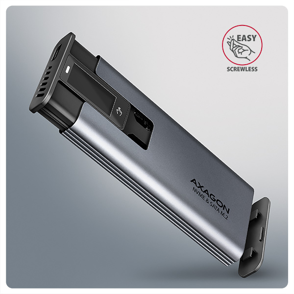 AXAGON EEM2-SD2 USB-C 10Gbps - M.2 NVMe & SATA SSD kovový DISPLAY box, bezšroubkový