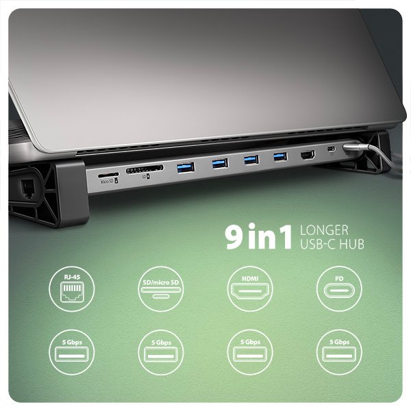 AXAGON HMC-10HLS, rozbočovač USB 5Gb/s, 4x USB-A, HDMI 4k/60Hz, RJ-45 GLAN, SD/mSD, PD 100W