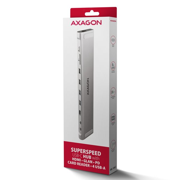 AXAGON HMC-10HLS, rozbočovač USB 5Gb/s, 4x USB-A, HDMI 4k/60Hz, RJ-45 GLAN, SD/mSD, PD 100W