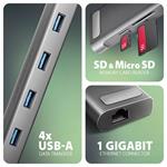 AXAGON HMC-10HLS, rozbočovač USB 5Gb/s, 4x USB-A, HDMI 4k/60Hz, RJ-45 GLAN, SD/mSD, PD 100W
