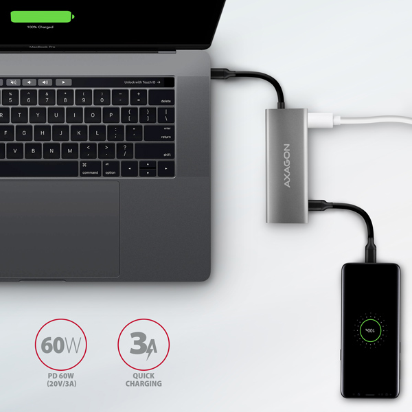 AXAGON HMC-5G21, rozbočovač USB 10 Gb/s, 2x USB-A, 2x USB-C, HDMI 4k/30, PD 60W, kábel USB-C 13 cm