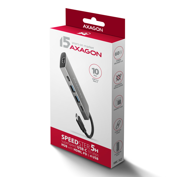 AXAGON HMC-5G21, rozbočovač USB 10 Gb/s, 2x USB-A, 2x USB-C, HDMI 4k/30, PD 60W, kábel USB-C 13 cm