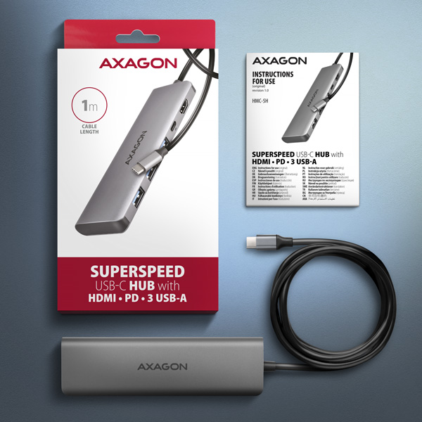 AXAGON HMC-5H, rozbočovač USB 5Gb/s, 3x USB-A, HDMI 4k/30Hz, PD 100W, kábel USB-C 100cm