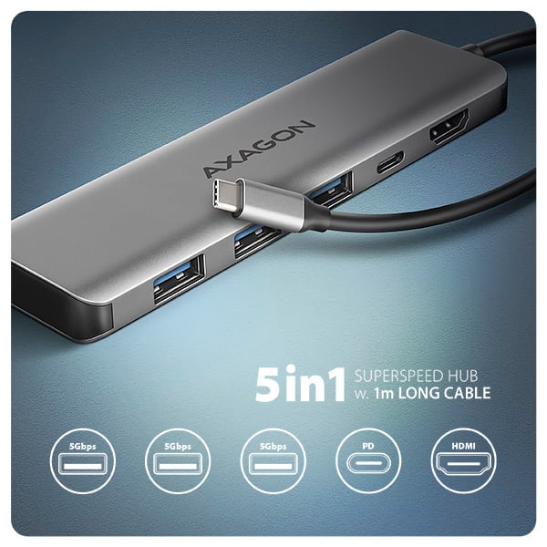 AXAGON HMC-5H, USB 5Gbps hub, 3x USB-A, HDMI 4k/30Hz, PD 100W, kabel USB-C 100cm