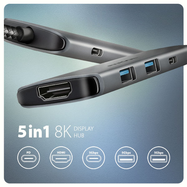 AXAGON HMC-5H8K, rozbočovač USB 5Gb/s, 2x USB-A, USB-C, HDMI 8k/30Hz, PD 100W, kábel USB-C 15cm