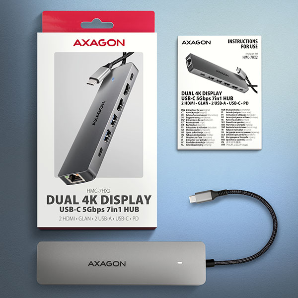 AXAGON HMC-7HX2, rozbočovač USB 5Gbps, 2x USB-A, USB-C, 2x HDMI 4k/60Hz, RJ-45 GLAN, PD 100W, 15cm kábel