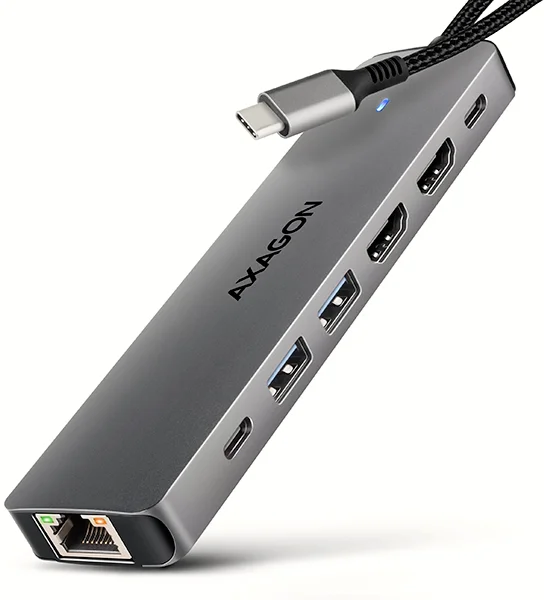 AXAGON HMC-7HX2, rozbočovač USB 5Gbps, 2x USB-A, USB-C, 2x HDMI 4k/60Hz, RJ-45 GLAN, PD 100W, 15cm kábel