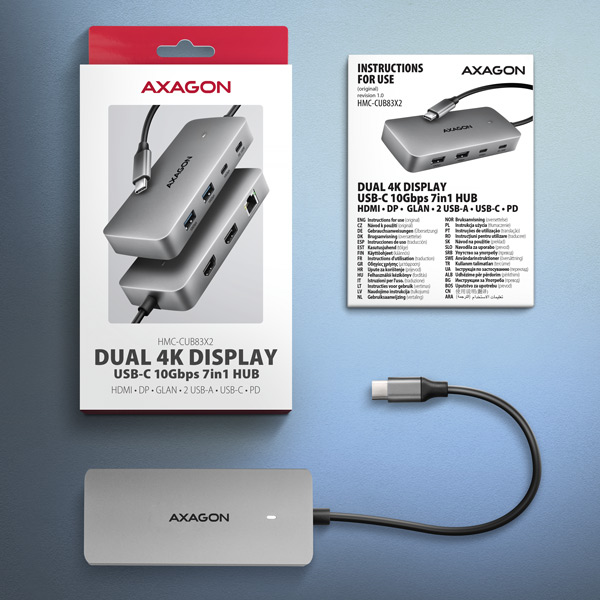 AXAGON HMC-CUB83X2, rozbočovač USB 10Gb/s, 2x USB-A, USB-C, HDMI a DP 4k/144Hz, RJ-45 GLAN, PD 100W, kábel USB-C 15cm