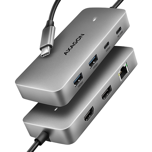 AXAGON HMC-CUB83X2, rozbočovač USB 10Gb/s, 2x USB-A, USB-C, HDMI a DP 4k/144Hz, RJ-45 GLAN, PD 100W, kábel USB-C 15cm