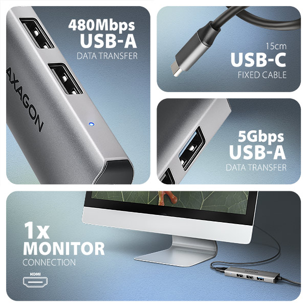 AXAGON HMC-H3A, rozbočovač USB 5 Gb/s, 3x USB-A, HDMI 4k/30Hz, kábel USB-C 15 cm
