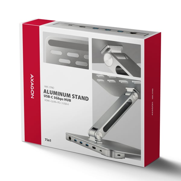 AXAGON HMC-STND, stojan pro 10"-17" notebooky, USB 5Gbps hub, 3x USB-A, HDMI 4k/60Hz, RJ-45, PD 100W, kabel USB-C 60cm