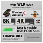 AXAGON HMC-WL9, USB 10Gbps hub s Qi, 3x USB-A, USB-C, HDMI a DP 4k/60Hz, RJ-45 GLAN, PD 100W, USB-C kábel 60cm