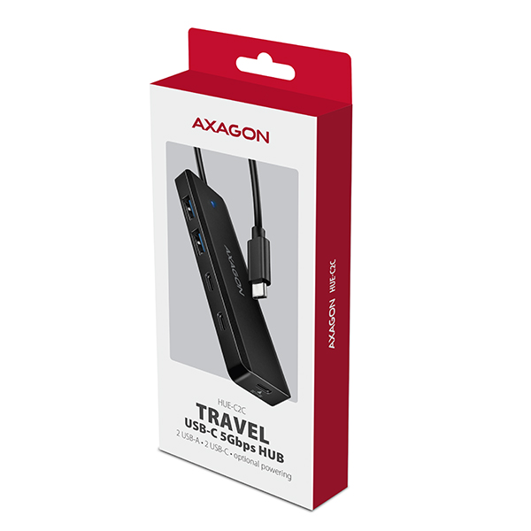 AXAGON HUE-C2C, cestovný rozbočovač s 4× USB 5 Gbps, 2× USB-A + 2× USB-C, napájanie cez USB-C, kábel USB-C 19 cm