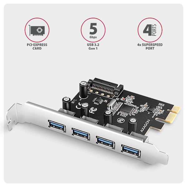 AXAGON PCEU-430RS, PCIe řadič 4× ext. USB-A 5 Gbps port