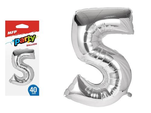 Balónek č. 5 nafukovací fóliový 40 cm - stříbrný