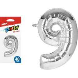 Balónek č. 9 nafukovací fóliový 40 cm - stříbrný