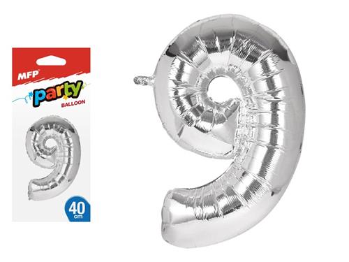 Balónik č. 9 fóliový nafukovací 40 cm - strieborný