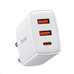 Baseus kompaktní rychlonabíjecí adaptér 2x USB-A, 1x USB-C 30W bílá