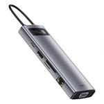 Baseus Metal Gleam Series 9v1 USB-C HUB (USB-C PD 100W, 3* USB 3.0, HDMI, VGA, RJ45, SD/TF port), sivá