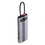 Baseus Metal Gleam Series 9v1 USB-C HUB (USB-C PD 100W, 3* USB 3.0, HDMI, VGA, RJ45, SD/TF port), sivá
