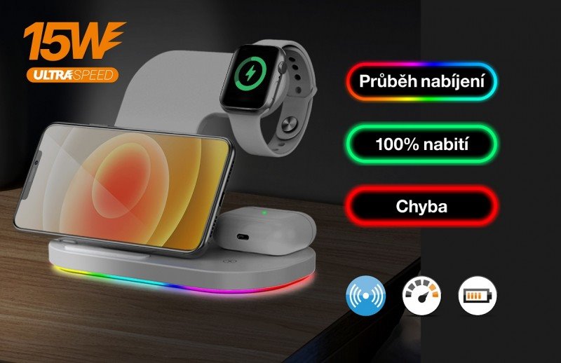 Bezdrôtová dokovacia stanica Qi 3v1 pre hodinky Apple, 15 W, biela