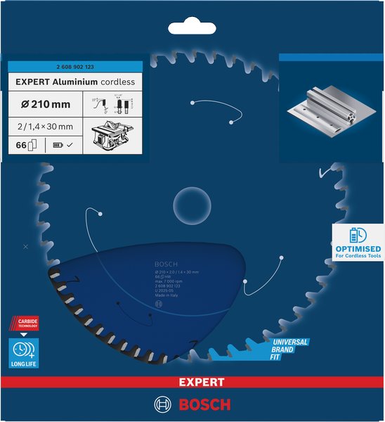 BOSCH Pilový kotouč EXPERT Aluminium cordless pro okružní pilu, 210 × 2/1,4 × 30 mm, T66 (2.608.902.123)