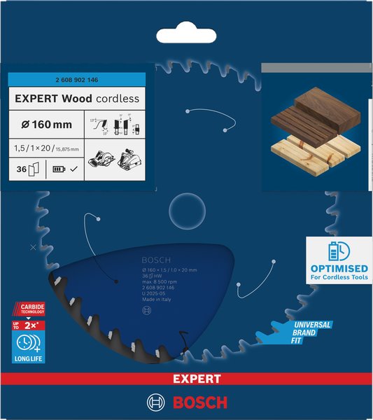 BOSCH Pilový kotouč EXPERT Wood cordless, 160 × 1,5/1 × 20 mm, T36 (2.608.902.146)