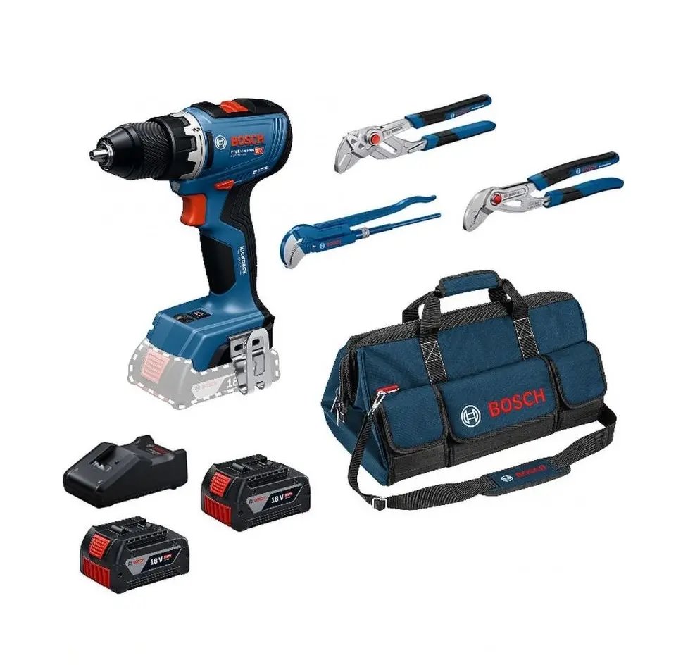 BOSCH PRO GSR 18V-65 + 2× GBA 5.0 Ah + GAL 18V-40 + 3 instalatérské kleště (0.615.A50.07J)