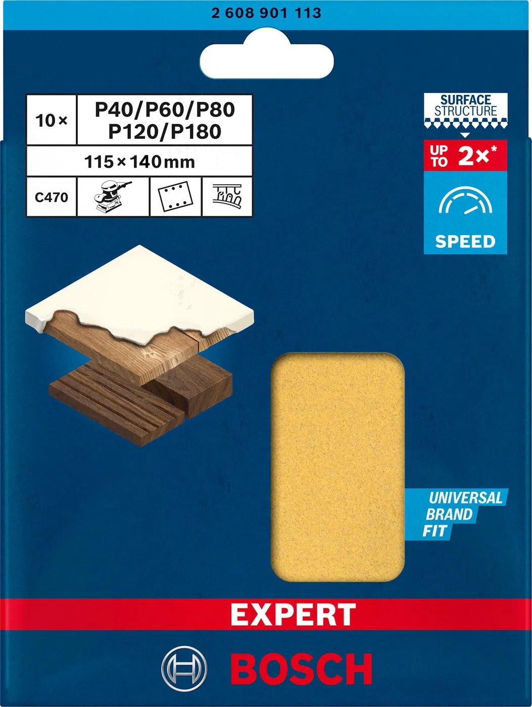 BOSCH Sada brúsnych papierov EXPERT C470 pre vibračné brúsky 115 × 140 mm, G 2 × 40, 2 × 60, 2 × 80, 2 × 120, 2 × 180, 10 ks (2.608.